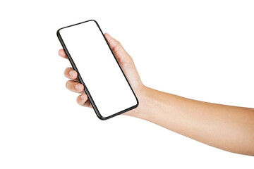 Empty screen phone in hand isolated on white background with clipping path, blank screen smartphone for copy space and advertisement