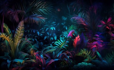 Creative neon tropical forest with colorful exotic plants glowing in the dark background. Generative AI.