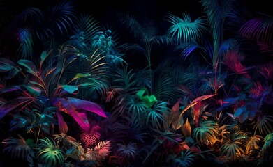 Fototapeta na wymiar Creative neon tropical forest with colorful exotic plants glowing in the dark background. Generative AI.