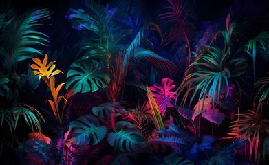 Obraz na płótnie Canvas Creative neon tropical forest with colorful exotic plants glowing in the dark background. Generative AI.