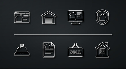 Set line Online real estate house, Hotel service bell, House under protection, Hanging sign with text Sold, contract, Garage, and icon. Vector