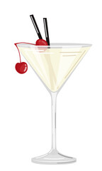 Vector illustration of a white cocktail with cherries on a white background in a flat style. Suitable for menu design, food stickers, scrapbooking.