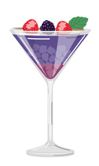 Vector illustration of a purple cocktail with strawberries, blackberries and ice cubes on a white background in a flat style. Suitable for menu design, food stickers, scrapbooking.