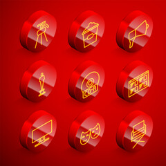 Set line Tripod, Popcorn in box, Megaphone, Movie trophy, CD DVD disk, Online play video, Smart Tv and Comedy and tragedy masks icon. Vector