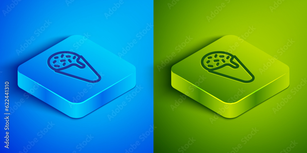 Sticker Isometric line Ice cream in waffle cone icon isolated on blue and green background. Sweet symbol. Square button. Vector