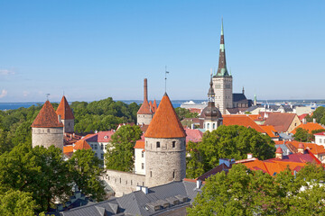 Obraz premium Aerial view of 7 of the 66 towers of the Wall of Tallinn