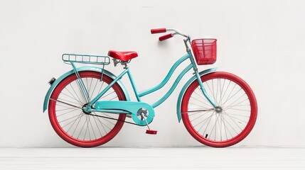  a blue and red bicycle is parked against a white wall.  generative ai