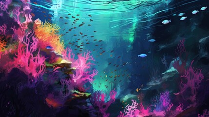  a painting of a colorful underwater scene with fish and corals.  generative ai