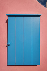Wooden Blue Wooden Door Entrance to a Traditional House In Megalochori Village - Santorini Island, Greece - Travel Destination, Summer, Sunset
