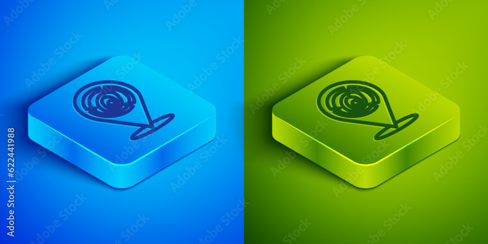 Sticker Isometric line Wooden logs icon isolated on blue and green background. Stack of firewood. Square button. Vector