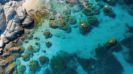 Fototapeta na wymiar an aerial view of a beach with rocks and blue water. generative ai