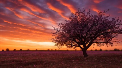  a tree in a field with a sunset in the background.  generative ai
