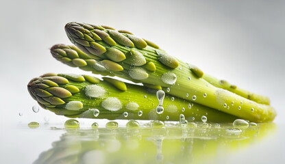 Close-up of fresh asparagus with water drops.