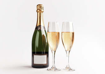 champagne bottle and glass on white background