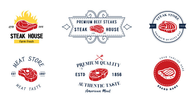 Steak House or Meat Shop Typography Label. Premium Quality Emblems, Logo Template. Vector Illustration.
