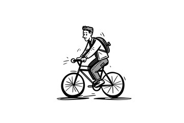 Naklejka na ściany i meble Doodle inspired Young bicyclist, cartoon sticker, sketch, vector, Illustration