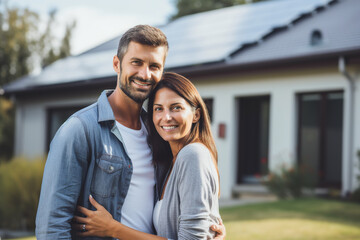 A happy couple standing smiling front of their large house with solar panels installed, generative ai