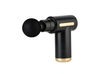 Close-up of a massage gun with a round nozzle isolated on a white background.