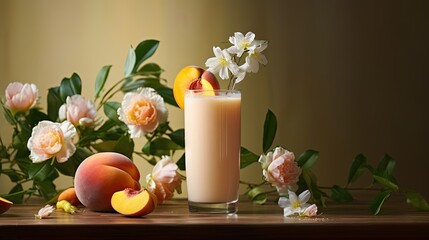 Obraz na płótnie Canvas a glass of peach milk next to peaches and flowers. generative ai