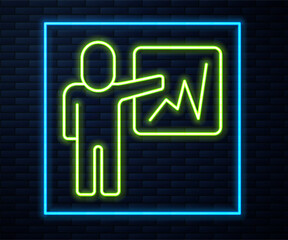 Glowing neon line Leader of a team of executives icon isolated on brick wall background. Vector
