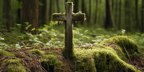 Forest dig cemetery, funeral background - Wooden cross on moss. Natural burial grave in the woods