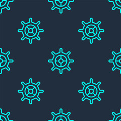 Green line Ship steering wheel icon isolated seamless pattern on blue background. Vector