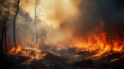 Forest fire and flames, destruction of forest flora and fauna during fire, generative ai