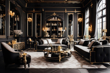 Naklejka na ściany i meble black and gold luxury living room or hotel interior, generative ai