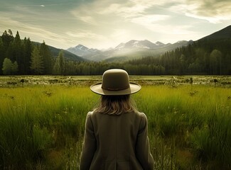 Fototapeta premium woman traveler with backpack holding hat and looking at amazing mountains and forest, wanderlust travel concept, space for text, atmospheric epic moment. Created with Generative AI technology.