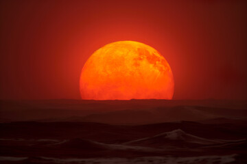 beautiful red sunset in the desert or over the ocean, generative ai