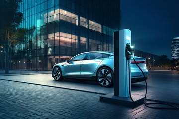 modern electric car at standalone electric vehicle charging station, generative ai