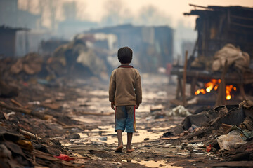 an orphaned child stands in front of the ruins of a Ukrainian town destroyed in the war, generative ai