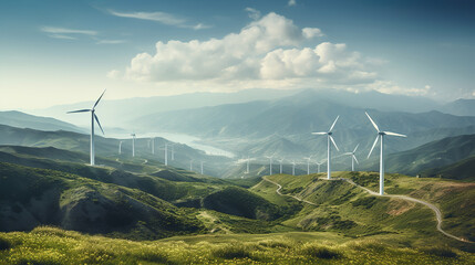 landscape with renewable and sustainable green energy with wind turbines on mountain during afternoon lights, generative ai