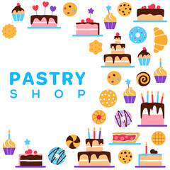 Fototapeta na wymiar Pastry shop square frame with circle copy space on white background. Colorful baked yummy food concept design. Dessert elements cake muffin for cafe confectionery sweet shop flat vector illustration.