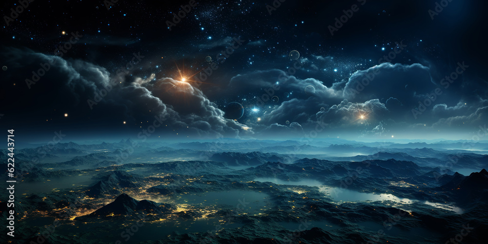 Wall mural starry night background in the darkness of space, seen from space, generative ai