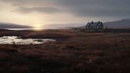 Fototapeta na wymiar moody panoramic view in scotland with a cottage house, generative ai