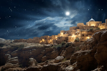 Fototapeta premium the Star of Betlehem shines on the birthplace of jesus 2000 years ago near jerusalem, generative ai