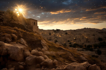 Naklejka premium the Star of Betlehem shines on the birthplace of jesus 2000 years ago near jerusalem, generative ai