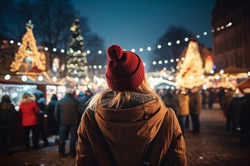 woman enjoying the view of the christmas fair at night in the city at xmas eve, generative ai - obrazy, fototapety, plakaty