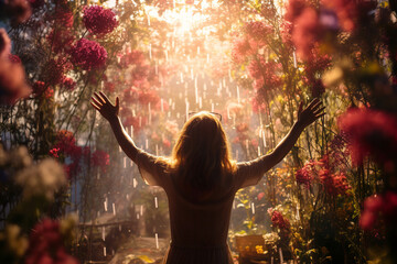 Obraz premium Woman with arms raised in front of beautiful flowers background, generative, ai