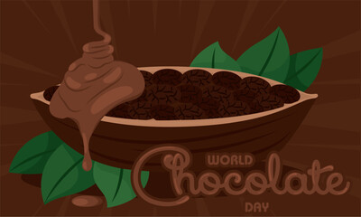 Melted chocolate on a bowl with cocoa beans World chocolate day Vector