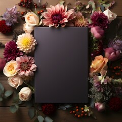 Mockup. Flowers composition on wooden background. Flat lay, top view