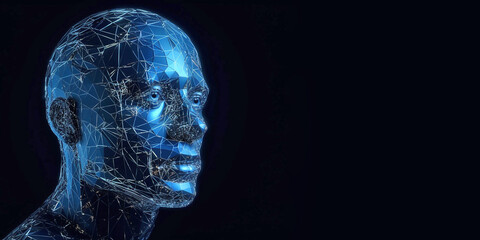 Digitized male head in holographic or matrix style and on isolated black background. Generative AI