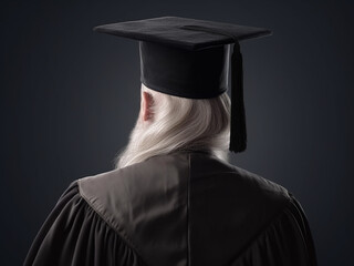 A respectable elderly professor in a square academic cap and study gown, viewed from the back in close-up and on an isolated background. Generative AI