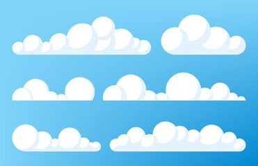 Set of blue sky, clouds. Cloud icon, cloud shape. Set of different clouds. Collection of cloud icon, shape, label, symbol. Graphic element vector. Vector design element for logo, web and print.