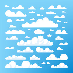 Set of blue sky, clouds. Cloud icon, cloud shape. Set of different clouds. Collection of cloud icon, shape, label, symbol. Graphic element vector. Vector design element for logo, web and print.