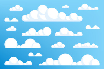 Cloudy set on a blue background. Blue sky and white clouds. Nature weather elements vector flat stock illustration set. Vector illustration.