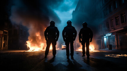 Police Officers walking towards Riots in Street with Smoke, Fire, night, dark, protesters, protest