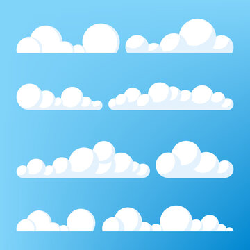 Cloudy set on a blue background. Blue sky and white clouds. Nature weather elements vector flat stock illustration set. Vector illustration.