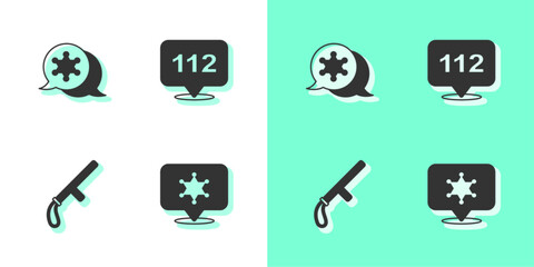 Set Hexagram sheriff, , Police rubber baton and Telephone call 112 icon. Vector